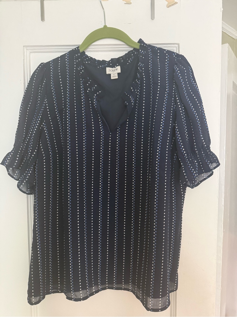 J. Crew Navy Dot-Stripe Ruffle Neck Blouse